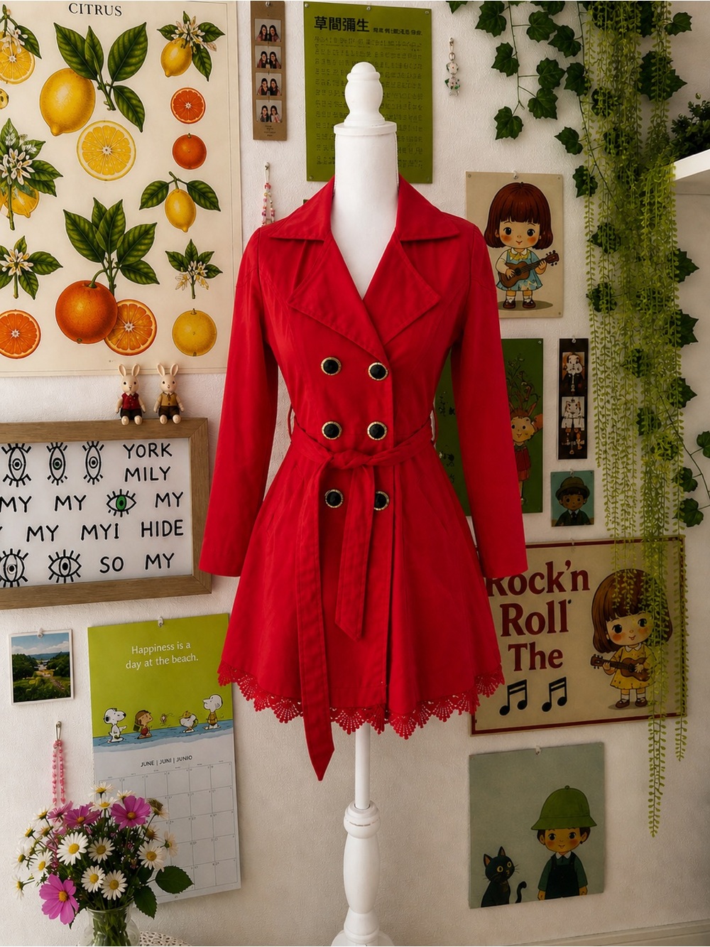 Red Double-Breasted Lace-Hem Trench Coat